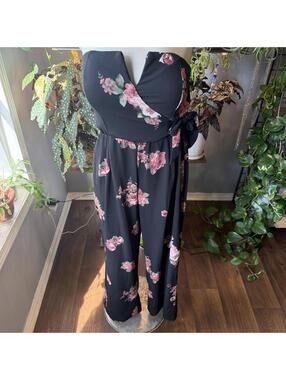 Black Floral Strapless Jumpsuit with Tie Waist